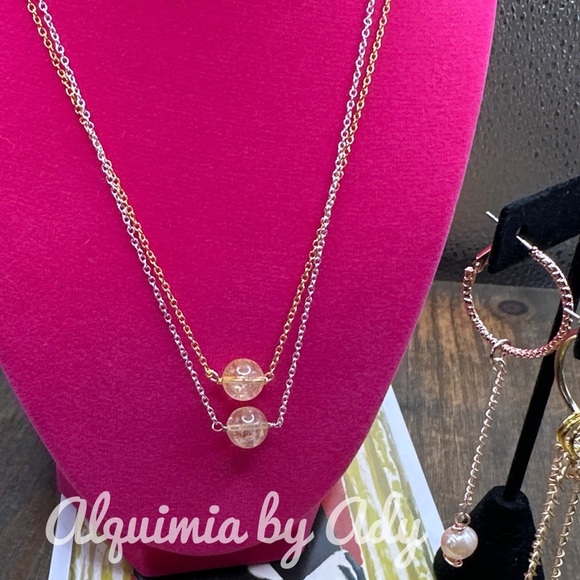 Citrine sphere/worry stone 925 stamped dainty vermeil gold statement necklace - Picture 3 of 6